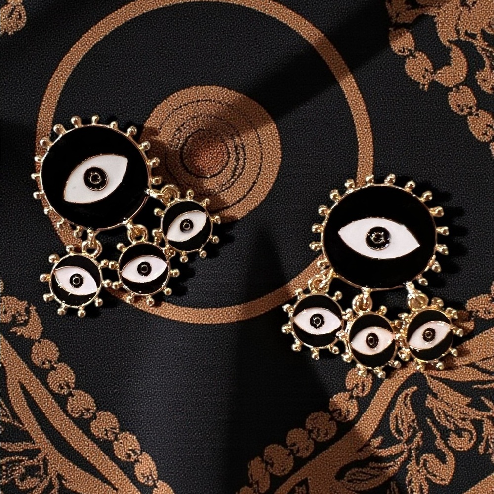 Chic Black and Gold Toned Evil Eye Dangling Earrings - Picture 11 of 17